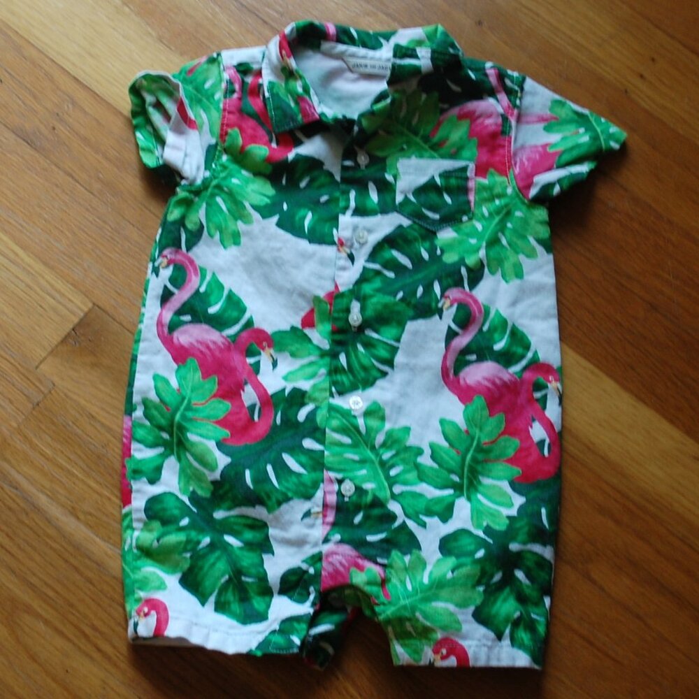 Janie & Jack Baby Tropical Flamingo Linen Romper Hawaiian